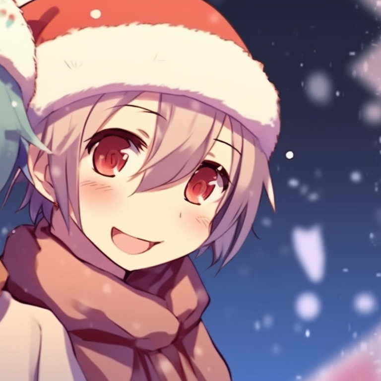 Two pupils with Santa hats, huddled around a glowing Christmas lantern, in a dimly lit setting. harmonizing christmas pfp for school pupils pfp for discord.