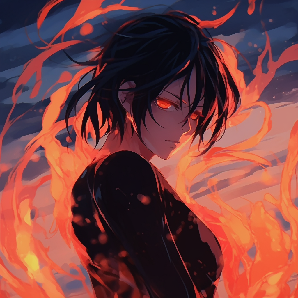 Half-body portrait with a cloak created from fire, high levels of detail and warm colors. female fire anime pfp