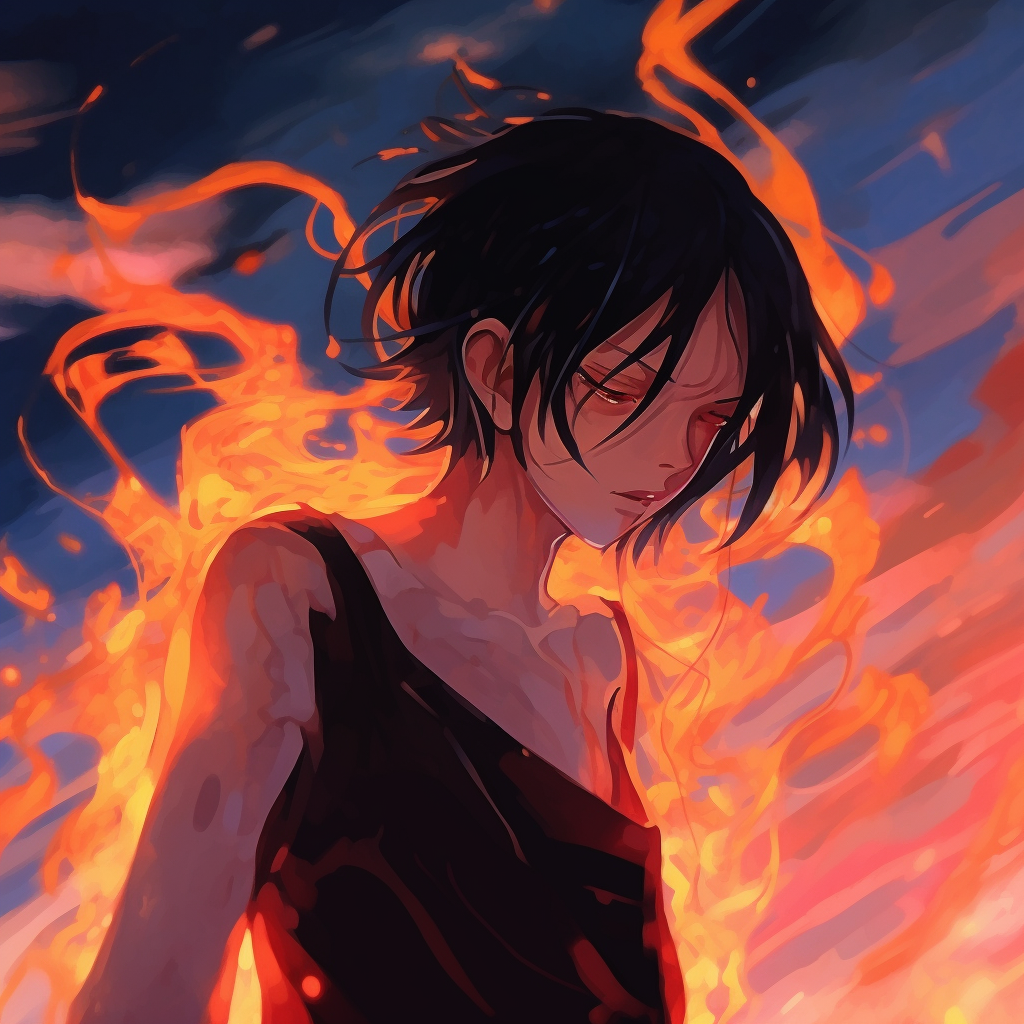 Portrait of a female warrior with fire emerging from her hands, detailed anatomy and strong shadows. female fire anime pfp