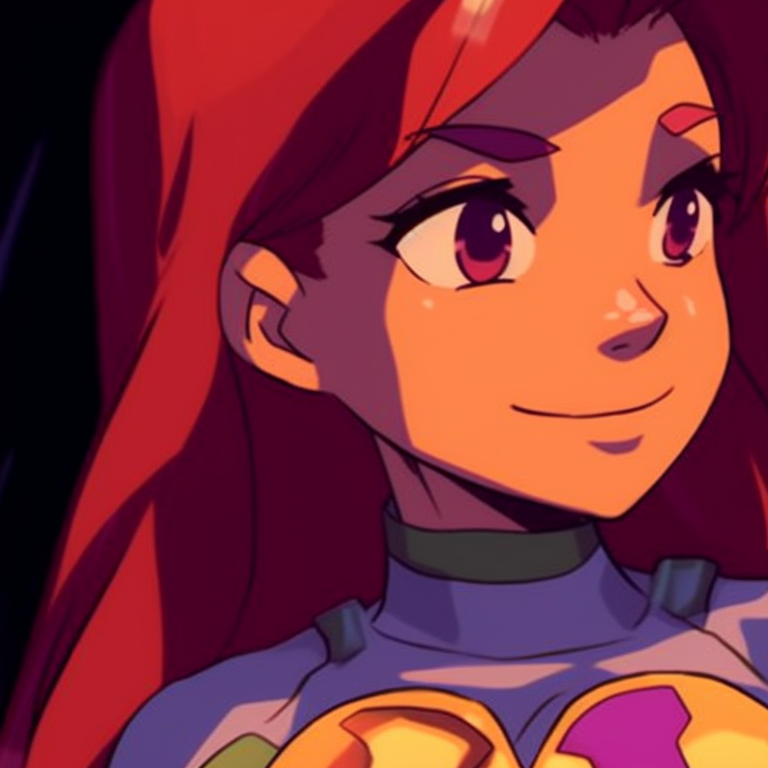 Close-up of Robin and Starfire, showcasing their unique features, with bright colors and bold lines. cute robin and starfire matching pfp pfp for discord.