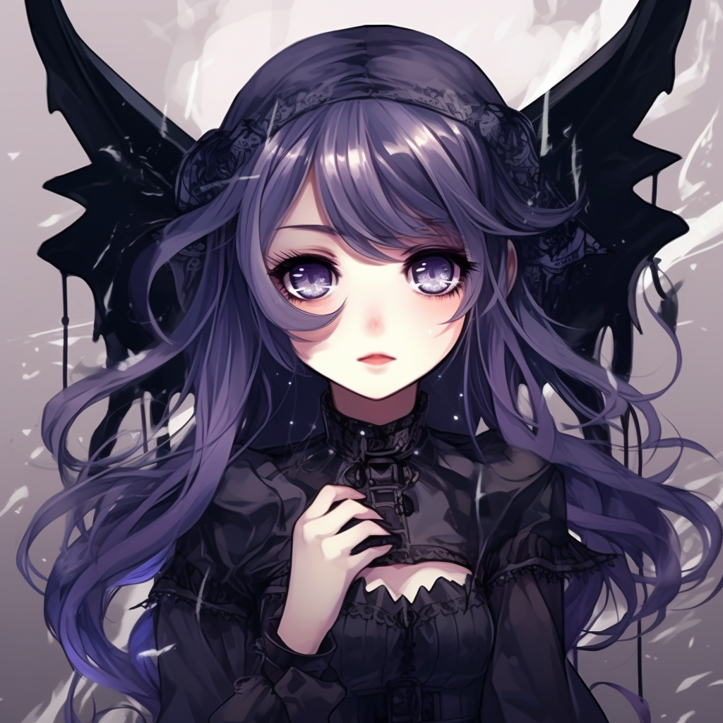 Anime girl sporting an oversized hat, features shadowy look and detailed floral pattern on the hat. adorable goth anime girl pfp pfp for discord.