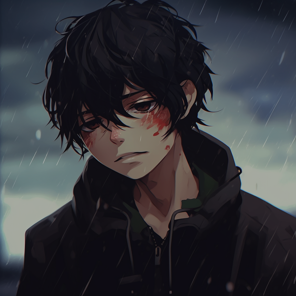 Anime boy caught in the rain, crying, with wet hair and clothes. anime boy sad pfp