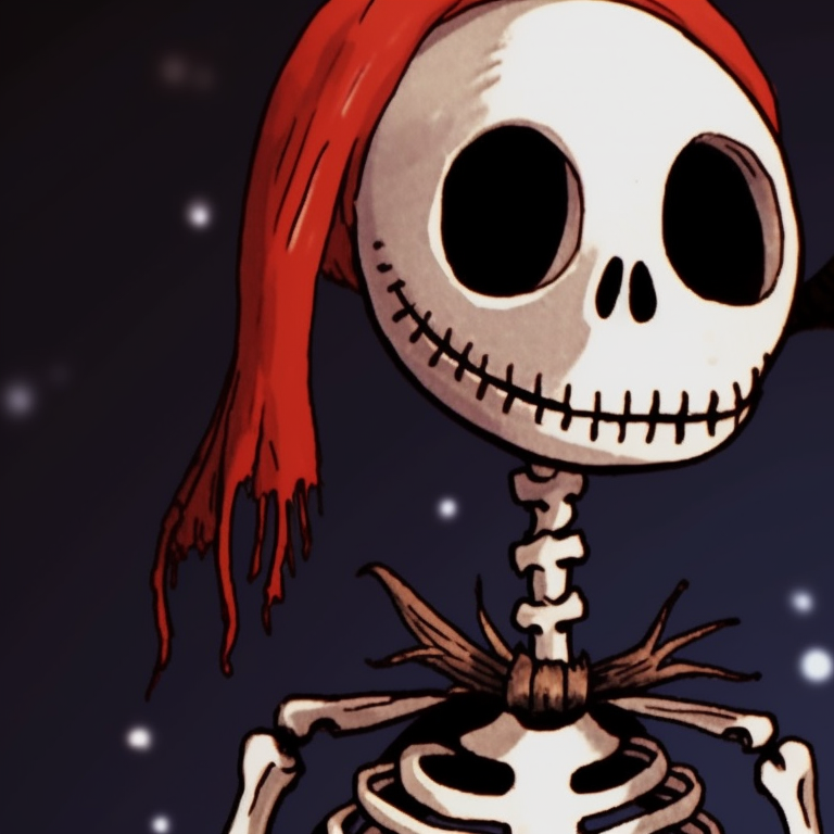 Two cheerful skeleton characters, one offering a Christmas present to the other, under a decorative tree. ideal matching christmas skeleton pfp pfp for discord.