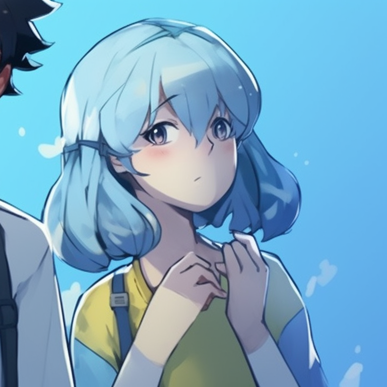 Two characters in a calm stance, pastel blue background, light shading. blue lock matching pfp - animated series pfp for discord.