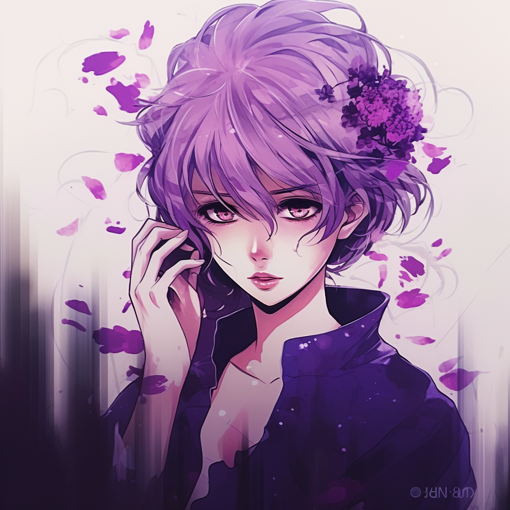 Portrait of a princess with a crown and flowing purple hair, set against a royal purple backdrop, intricate detailing on the tiara and clothing. female purple anime pfp pfp for discord.