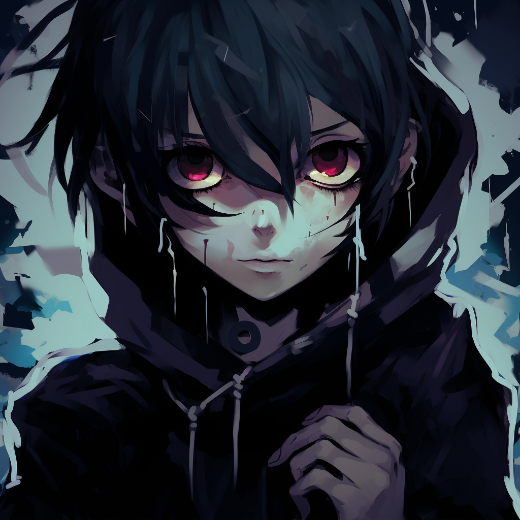Close-up on an emo anime boy's eyes, high contrast with striking colors. cute emo pfp anime gallery