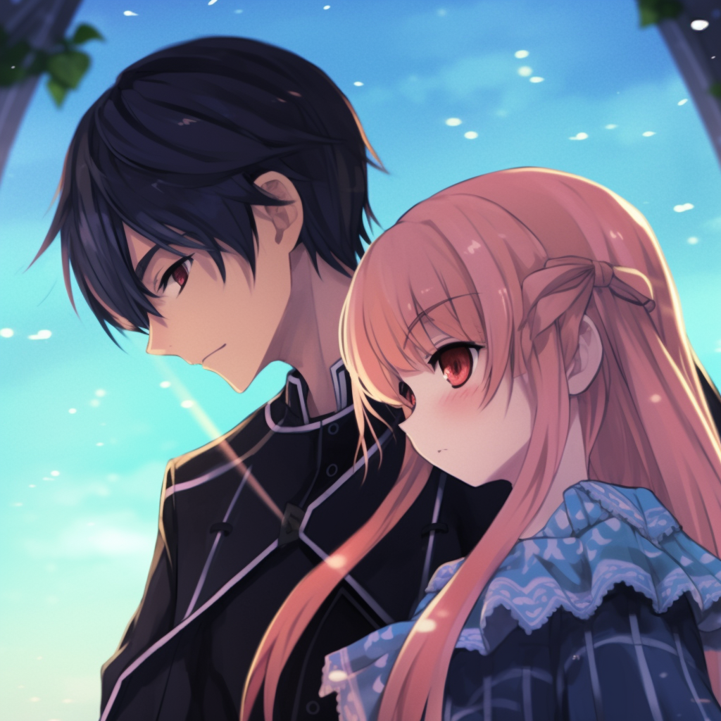 Kirito and Asuna from Sword Art Online, vibrant colors and intricate detailing. compelling anime pfp couple content pfp for discord.