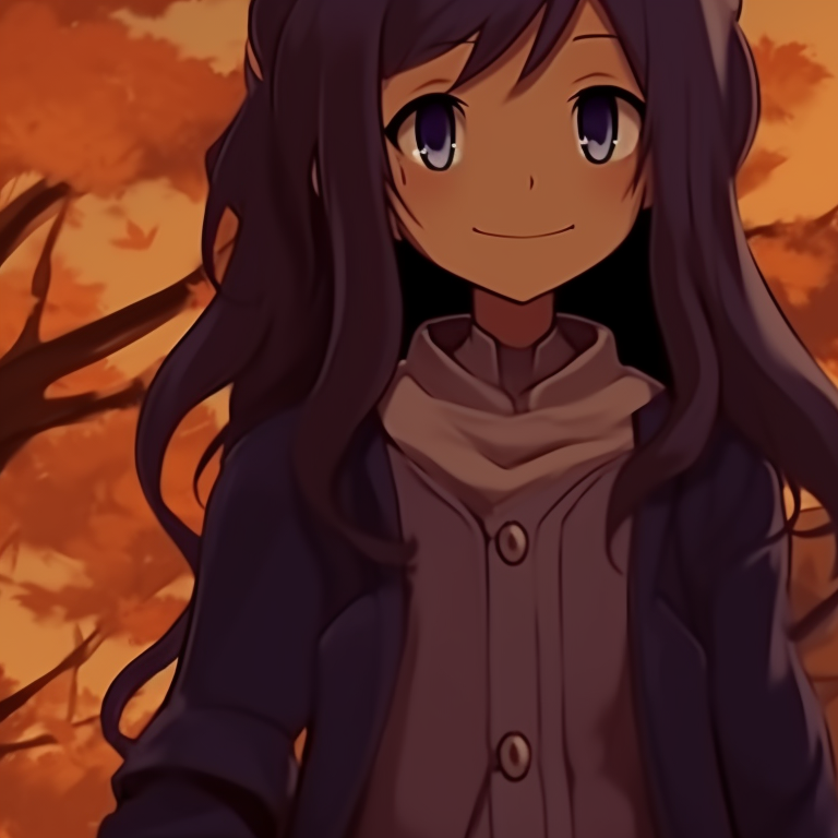 Two characters in Halloween-themed outfits, darker color scheme with pops of intense color detailing. anime inspired thanksgiving matching pfp halloween theme pfp for discord.