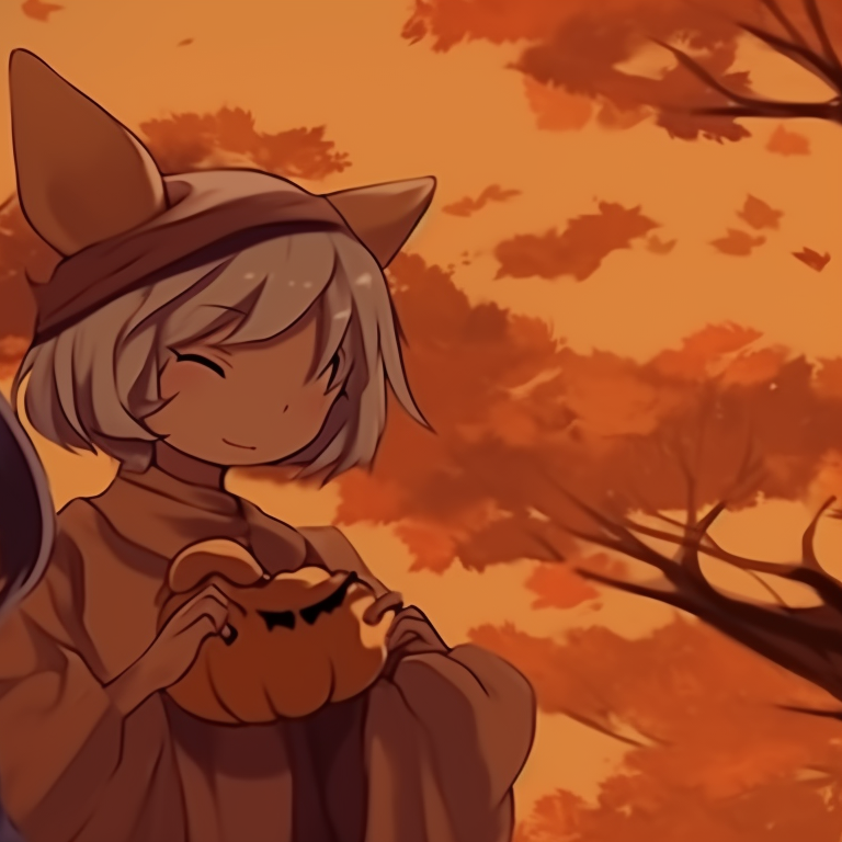 Two characters in Halloween-themed outfits, darker color scheme with pops of intense color detailing. anime inspired thanksgiving matching pfp halloween theme pfp for discord.