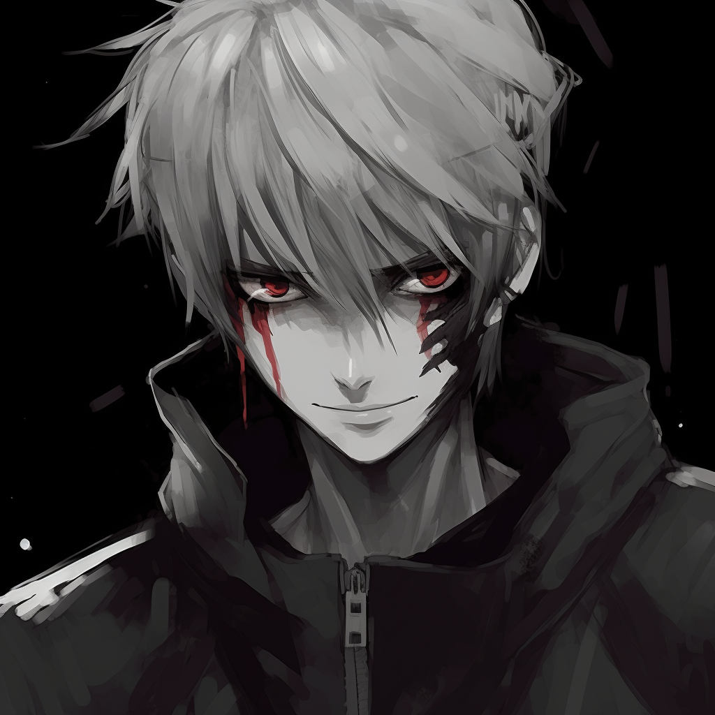 Detail on Fade's intense gaze, featuring high contrast and fine lines. edgy anime pfp male characters