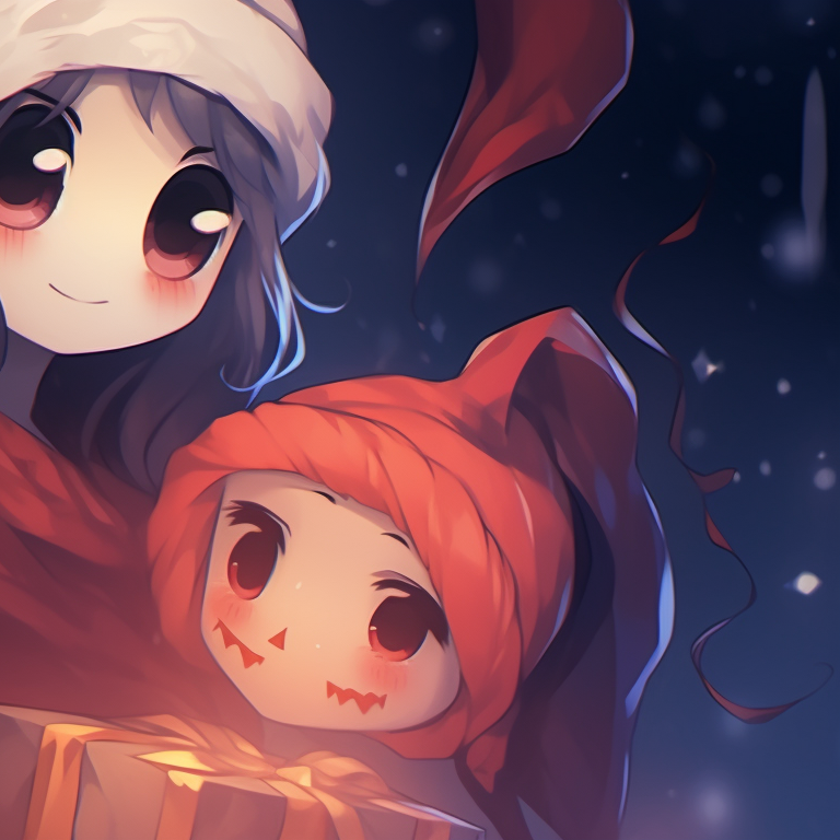 Two ghost characters exchanging Christmas gifts, soft background lighting. matching christmas pfp ghost illustrations pfp for discord.