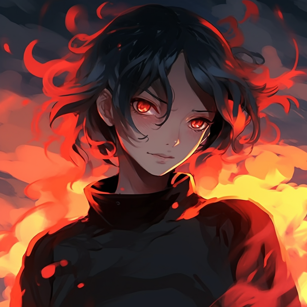 Character with brilliant red flames for hair, distinctive anime art style. female fire anime pfp