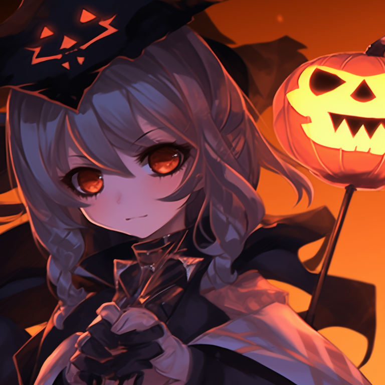 Two characters displaying playful actions in their Halloween costumes – one is ready to fight and the other is ready to eat sweets, vibrant color scheme. genshin character halloween themed matching pfp pfp for discord.