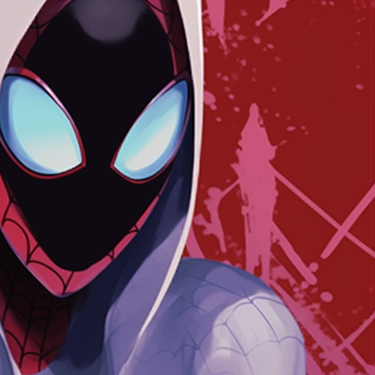 Gwen and Miles in matching Halloween masks, monochrome style with splashes of vivid color. spider man gwen and miles halloween matching pfp pfp for discord.