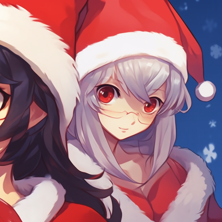 Two characters with frosty background, gentle snowfall and bundled in winter attire. creative matching christmas aesthetic pfp pfp for discord.