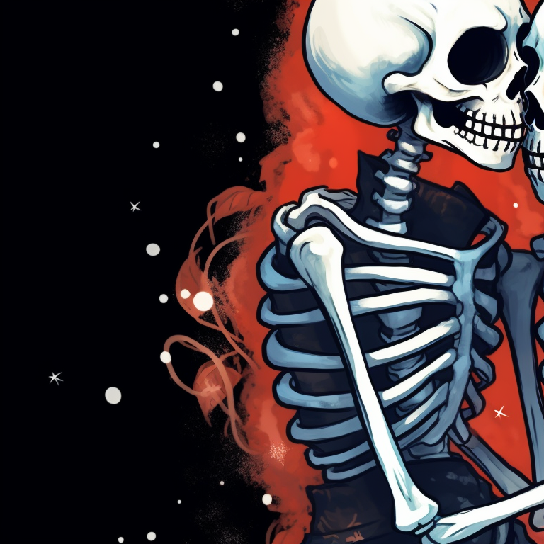 Skeleton characters wrapped in holiday ornamentation, sparkly accents and vivid colors, sharing a kiss under starry sky. cute pfps of kissing skeletons - christmas edition pfp for discord.