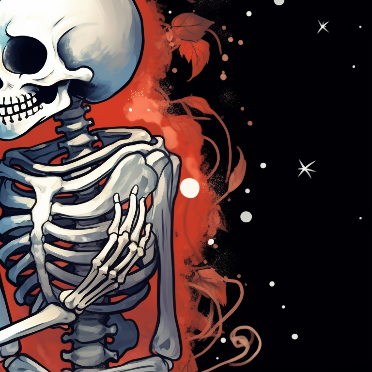 Skeleton characters wrapped in holiday ornamentation, sparkly accents and vivid colors, sharing a kiss under starry sky. cute pfps of kissing skeletons - christmas edition pfp for discord.