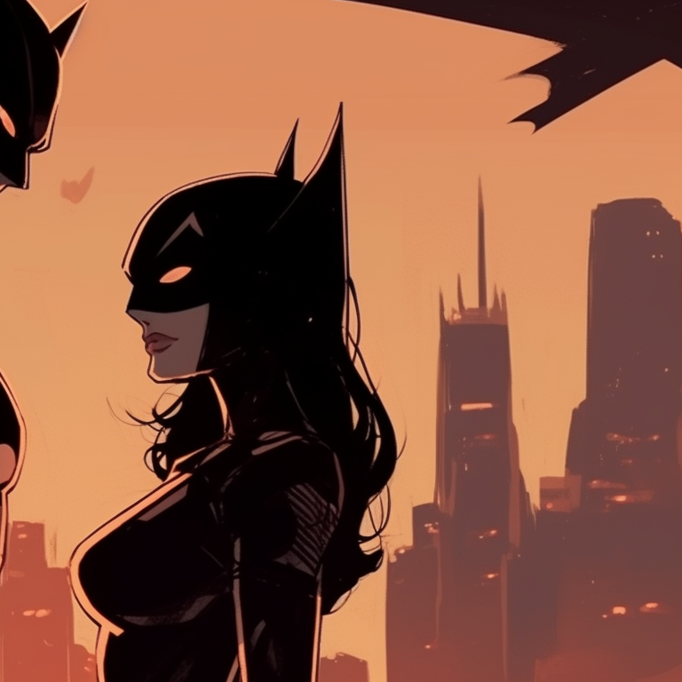 Silhouettes of Batman and Catwoman, strong contrast with a city backdrop. matching pfp ideas for batman and catwoman fans pfp for discord.