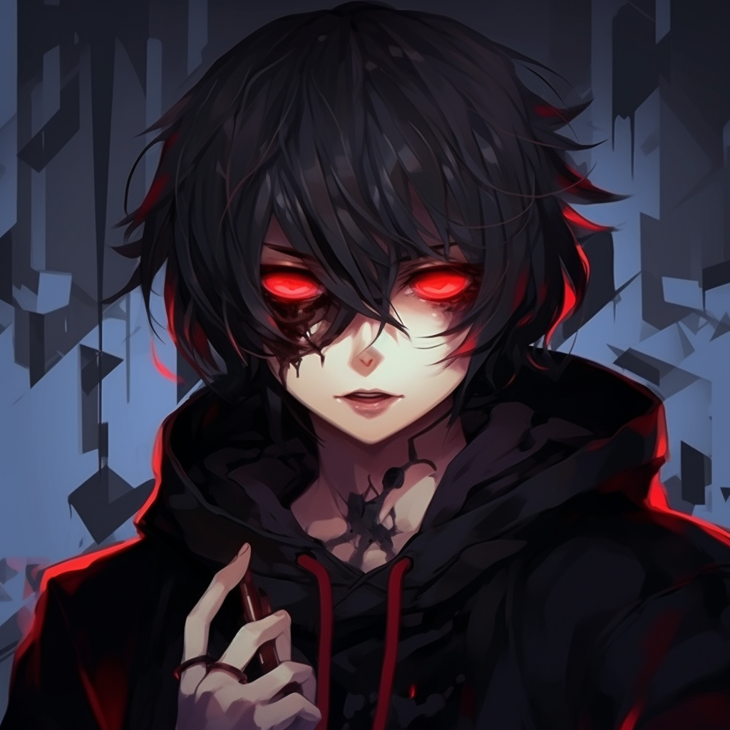An emo anime boy in an oversized hoodie, complete with dark tones and intricate details. emo pfp anime boys display
