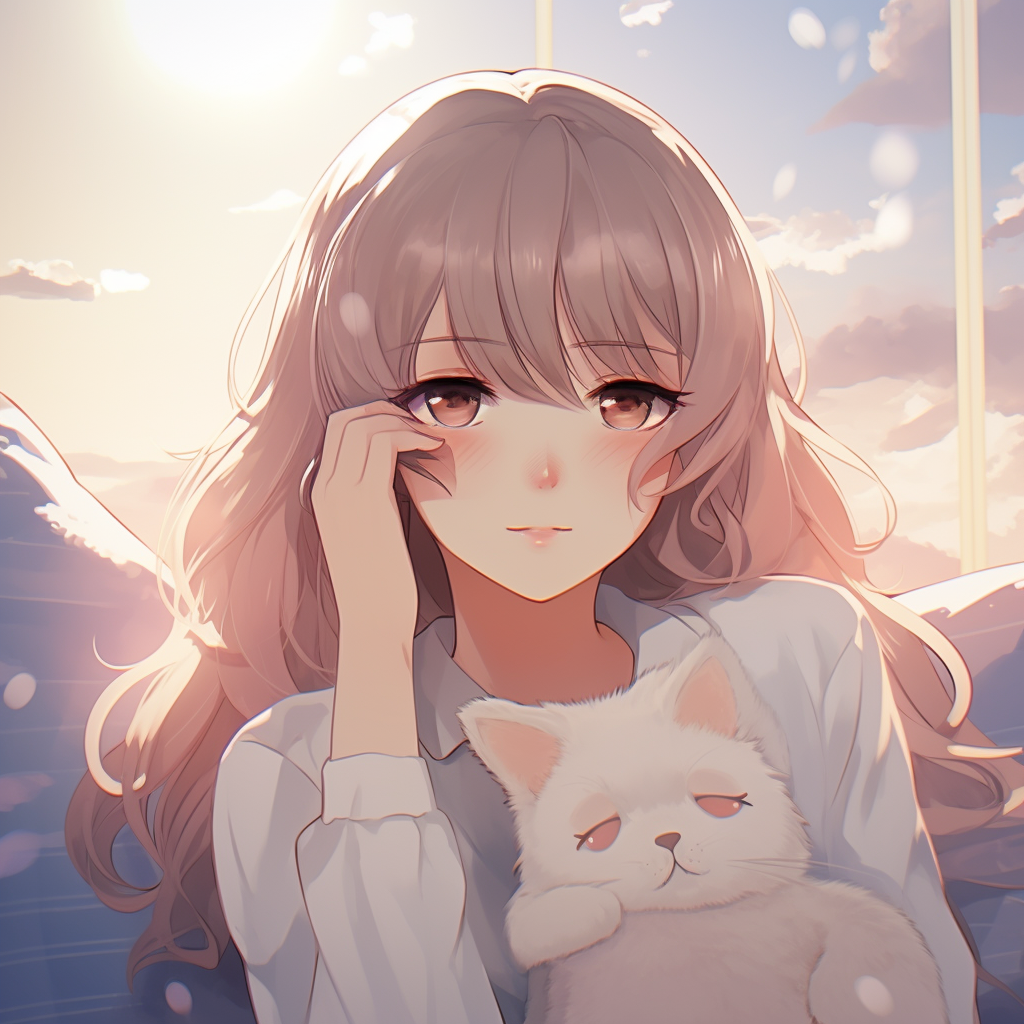 Cute anime girl lounging with her cat, soft tones and gentle strokes. relaxing cute pfp anime