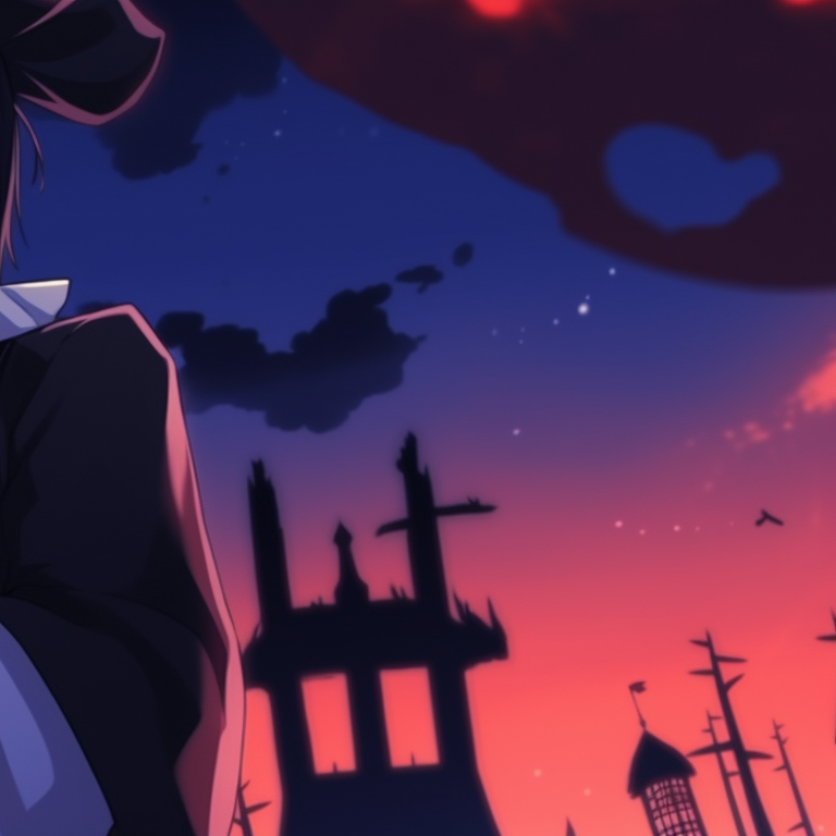 Two characters, one with a pumpkin head and the other in a ghost costume, dark colors and sharp lines. anime halloween pfp ideas pfp for discord.