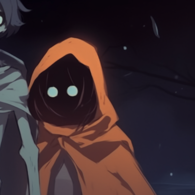 Two characters in a haunted setting, their eyes reflecting the others' sadness. gloomy halloween - sad matching pfps pfp for discord.