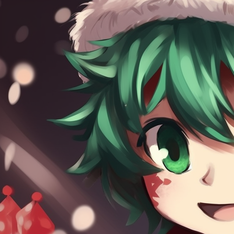 Two characters in winter coats, standing under falling snow, with the glow of fairy lights softly highlighting them. cute christmas my hero academia pfps pfp for discord.