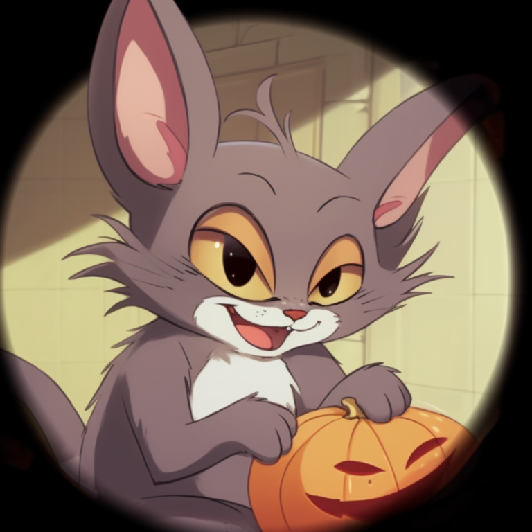 Tom and Jerry under a moonlit Halloween sky, shadows adding a spooky atmosphere, subtle color gradients. tom and jerry matching pfp halloween theme design pfp for discord.