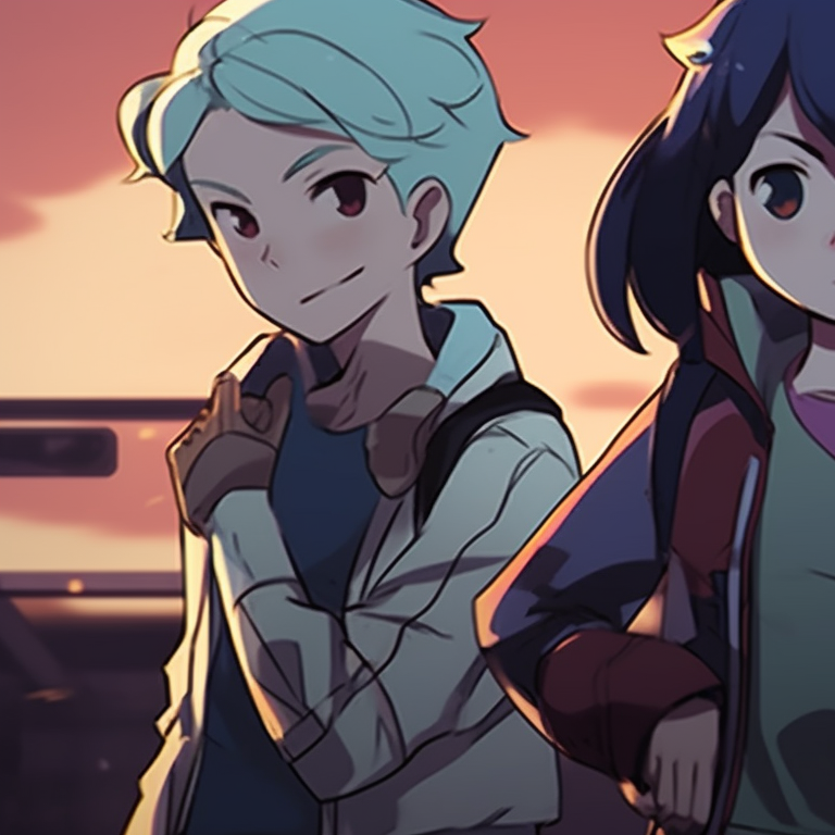 Four friends standing back-to-back, urban background, cool tones and urban style. modern matching pfp for 4 friends pfp for discord.