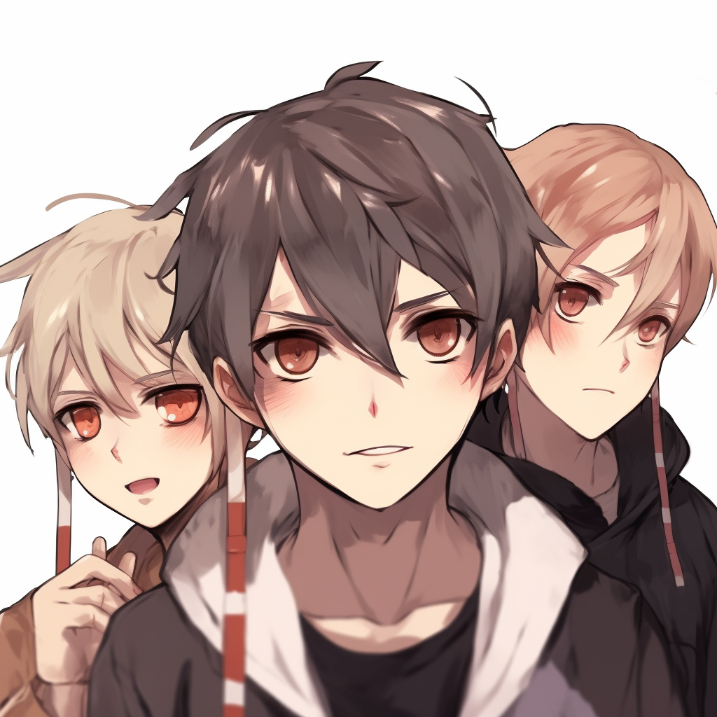 Profile view of three anime boys, highlighting unique hair styles and color gradients. anime pfp boy trio pfp for discord.