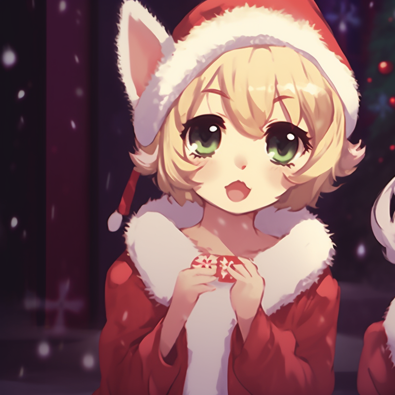 Two characters with jingling bells accessory, metallic sheen on the bells and cheerful demeanor. adorable matching christmas pfp gif pfp for discord.