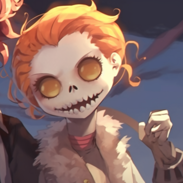 Two characters in ghoulish attire, drawn in a meticulous yet eerie style against an orange Halloween moon. non anime matching halloween theme profiles pfp for discord.