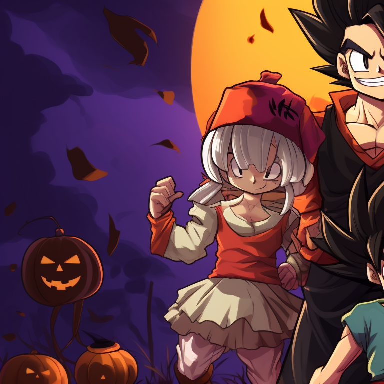 Characters in Halloween-themed battle suits, high contrast and exceptional detail in the costumes. cool dragon ball halloween themed pfp pfp for discord.