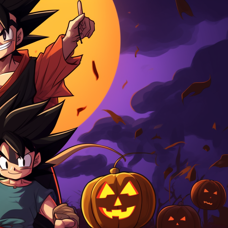 Characters in Halloween-themed battle suits, high contrast and exceptional detail in the costumes. cool dragon ball halloween themed pfp pfp for discord.