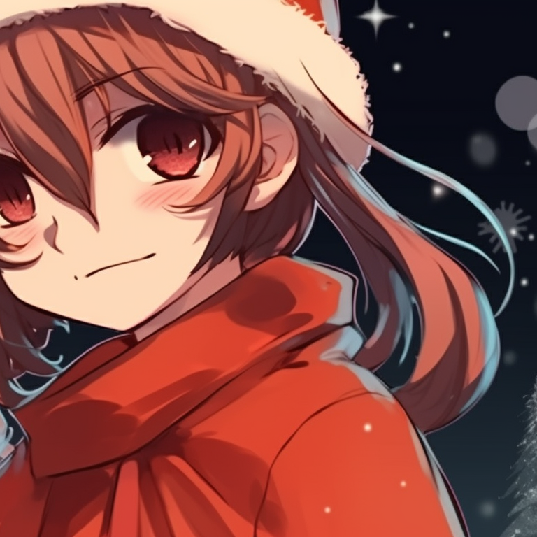 Two characters, warm lighting from a fireplace, plush Christmas sweaters and holding mugs of hot chocolate. adorable matching christmas discord pfp pfp for discord.