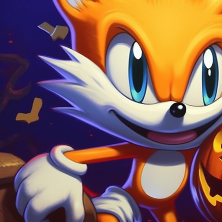 Sonic and Tails proudly displaying their trick or treat haul, vivid colors, joyous expressions. adorable sonic and tails matching pfp for halloween pfp for discord.