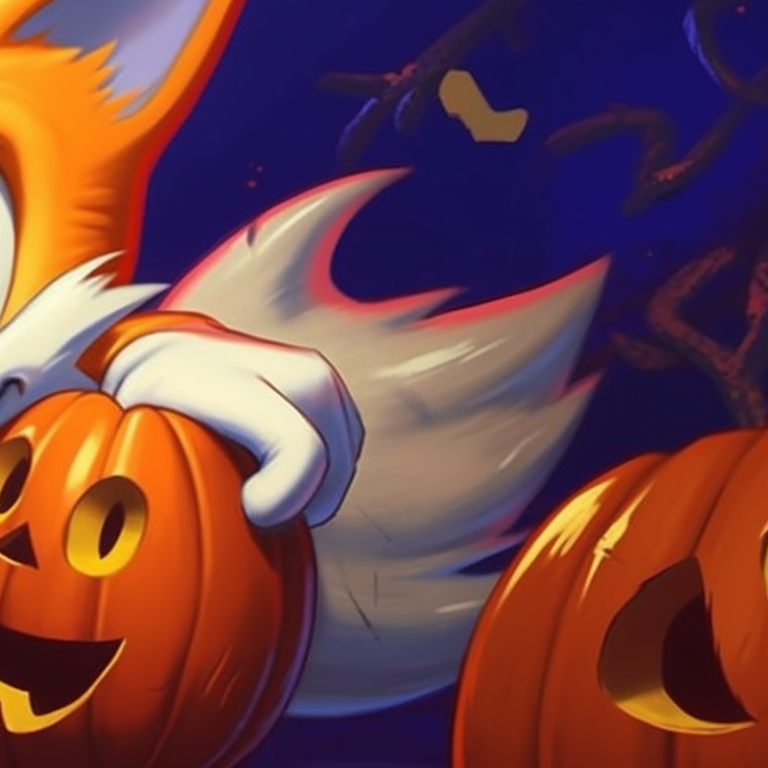 Sonic and Tails proudly displaying their trick or treat haul, vivid colors, joyous expressions. adorable sonic and tails matching pfp for halloween pfp for discord.