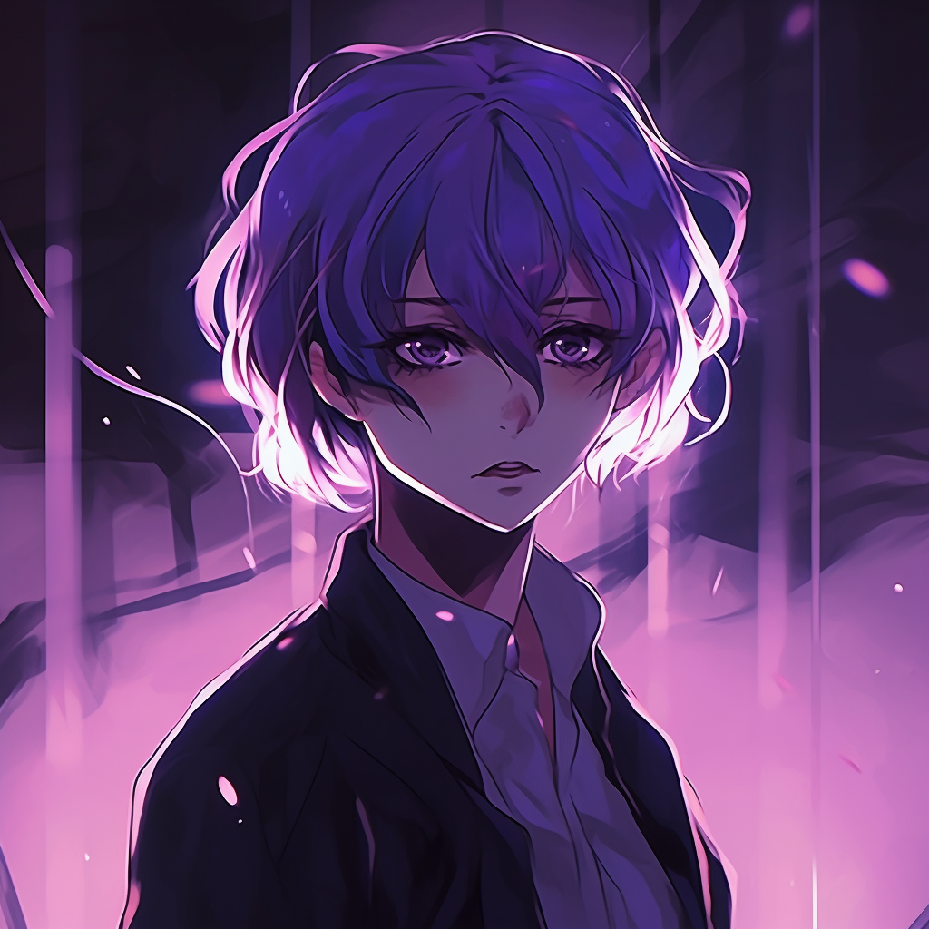 Anime profile picture with a dominating purple aura, highlights a strong character presence. purple anime art pfp pfp for discord.