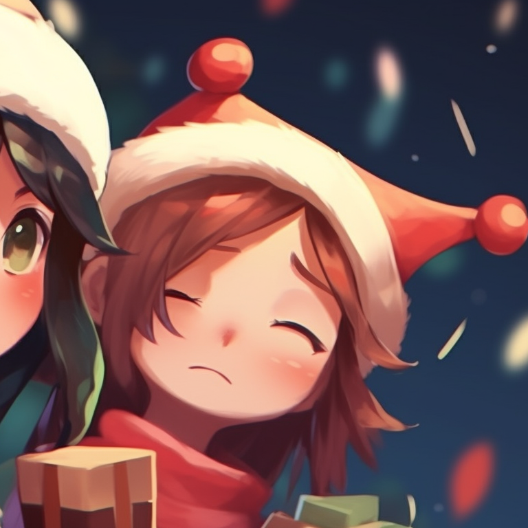 Two characters with shared Christmas items, detailed textures and bright colors. christmas-themed cute pfp that match pfp for discord.