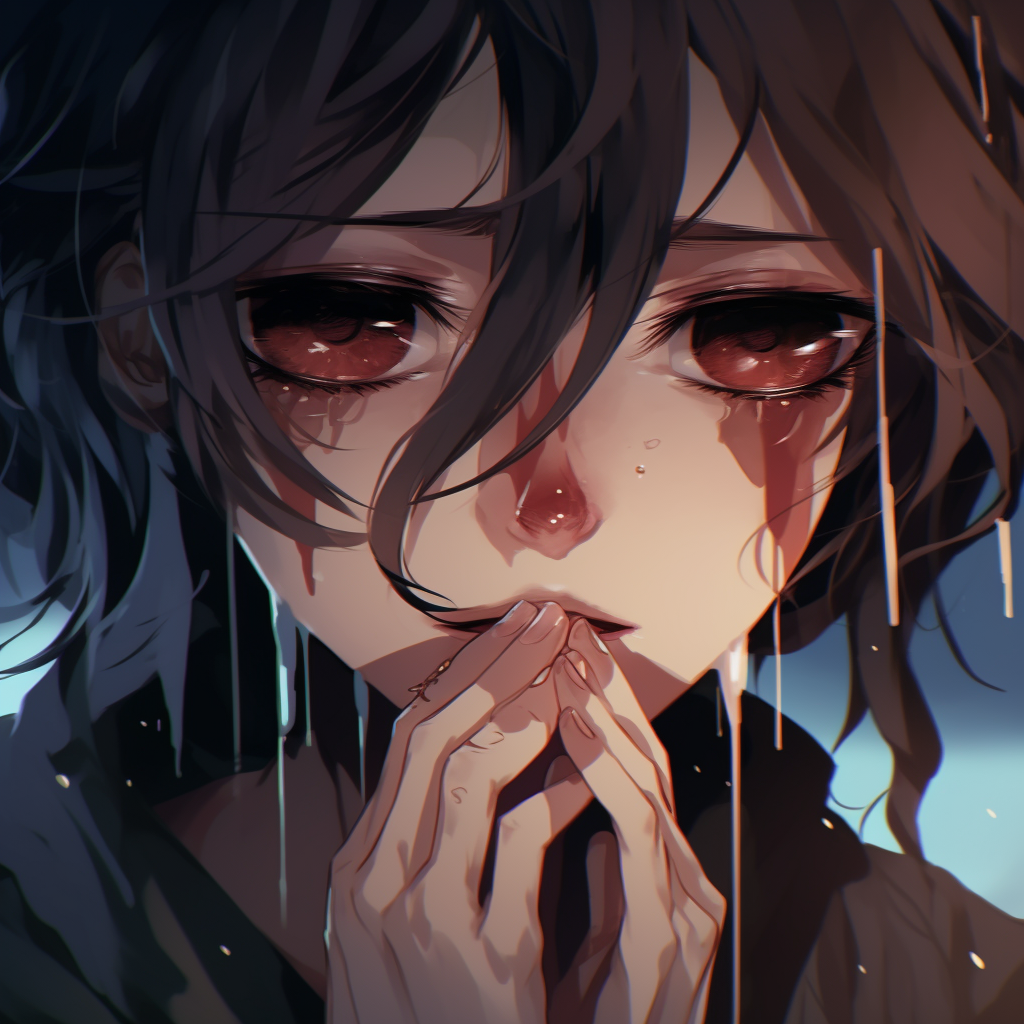 Close-up shot of an anime girl crying, focusing on her tear-filled eyes, characterized by vivid colors and high contrast. crying female anime pfp pfp for discord.