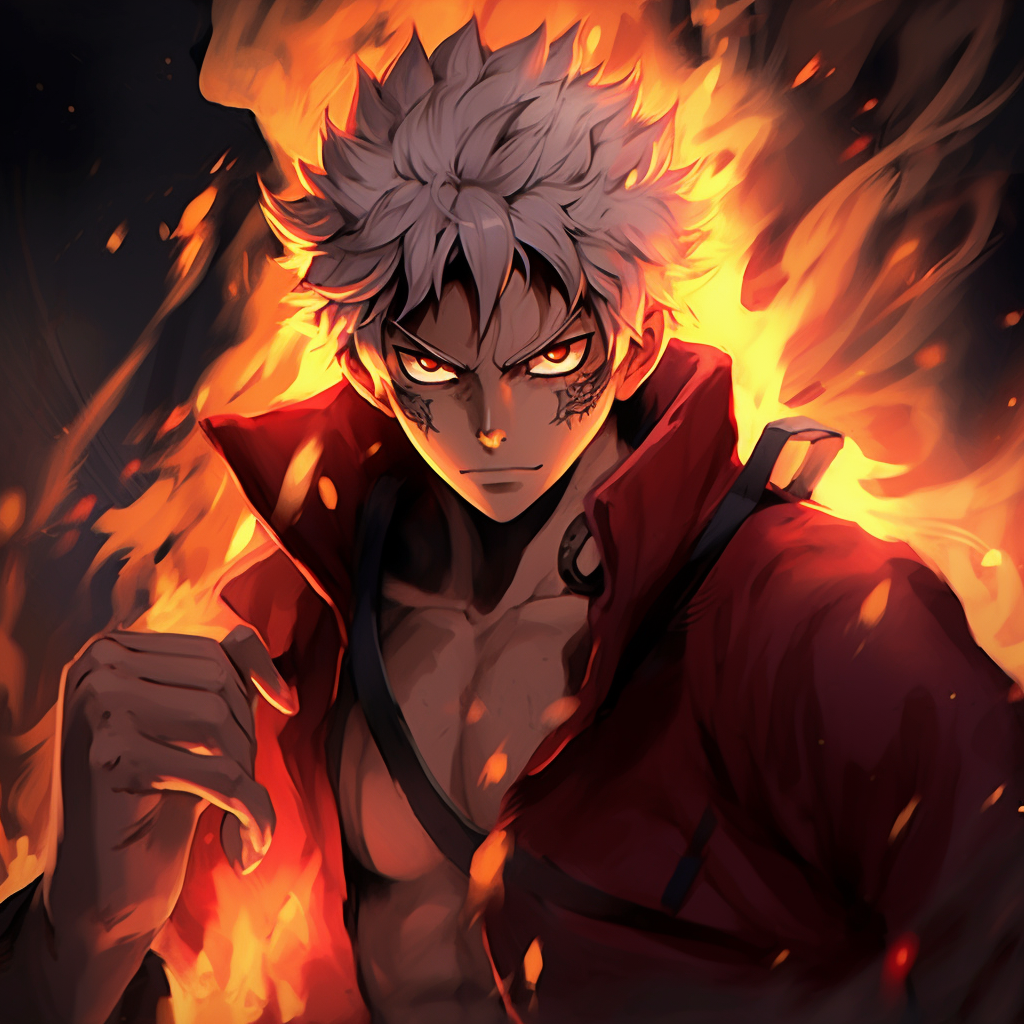 A commanding anime character with fire swirling around depicting the imperial aura, exhibits the depth of artwork and vibrant hues. creative fire anime pfp