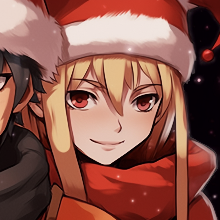 Two characters performing a Christmas-themed jutsu, contrasts of cool blue and warm orange colors. charming matching christmas pfp naruto pfp for discord.