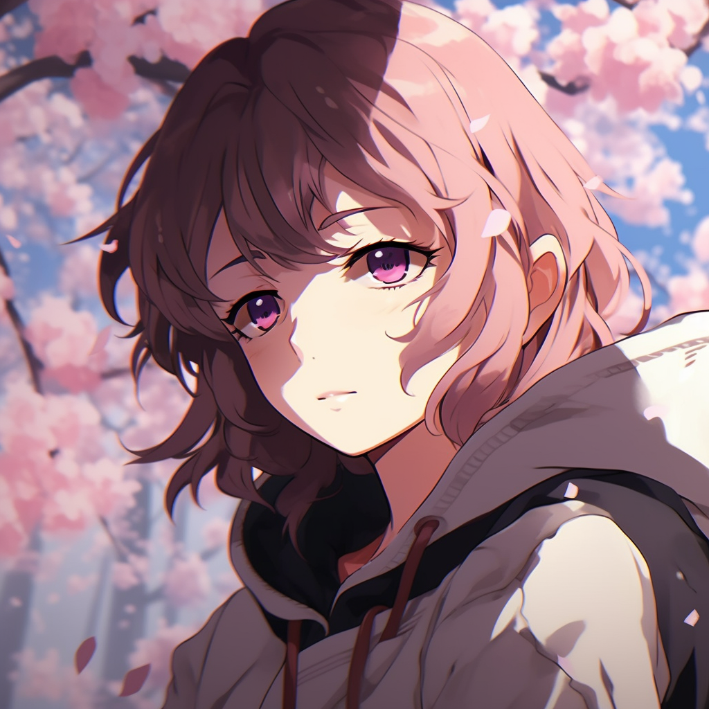 Sakura under a moonlit tree, clean lines and hushed colors. cool pfp anime scenarios pfp for discord.