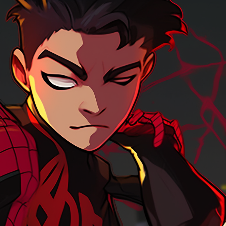 Two characters showing off their spiderman costumes, emphasizing the camaraderie, bright and bold colors. celebrity spider man matching pfp pfp for discord.