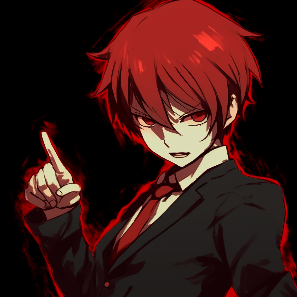 Smiling Karma Akabane, highlighting the contrast between his red hair and sparkling eyes. red anime pfp for boys