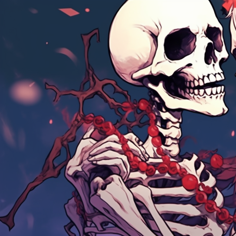 Two skeletons experiencing a moment of affection, detailed illustration of the skeletons contrasted with soft holiday undertones. skeletons kissing under mistletoe - matching christmas pfp pfp for discord.