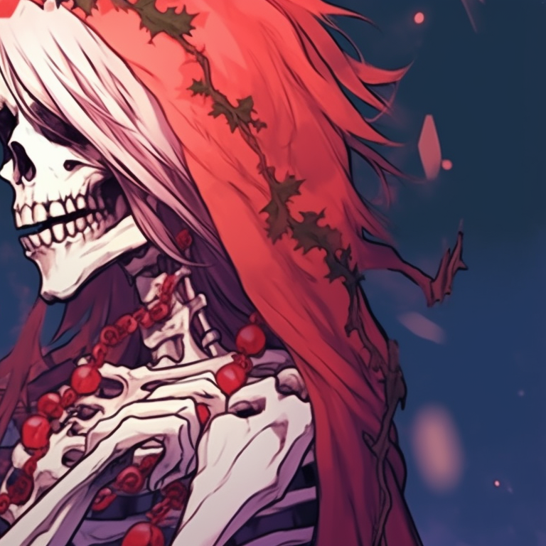 Two skeletons experiencing a moment of affection, detailed illustration of the skeletons contrasted with soft holiday undertones. skeletons kissing under mistletoe - matching christmas pfp pfp for discord.