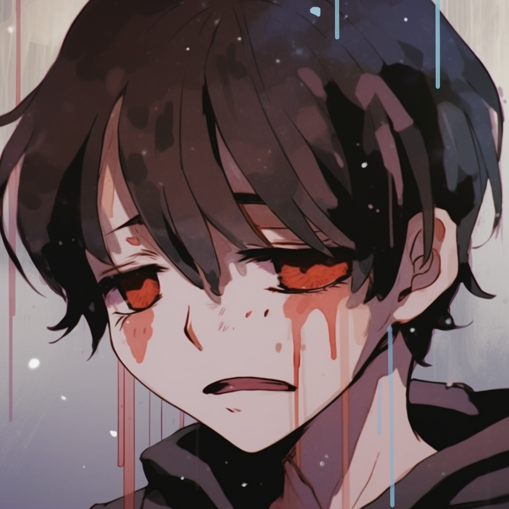 Portrait of a crying anime boy, captured in a dramatic moment with fine details and contrasting color scheme. crying male anime pfp pfp for discord.