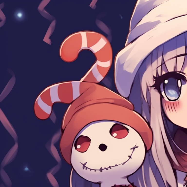 A pair of characters, one in a spectral Santa outfit and another as a Christmas reindeer, using a dramatic contrast of red, white, and phantom blue. unique anime christmas pfp blending halloween theme pfp for discord.
