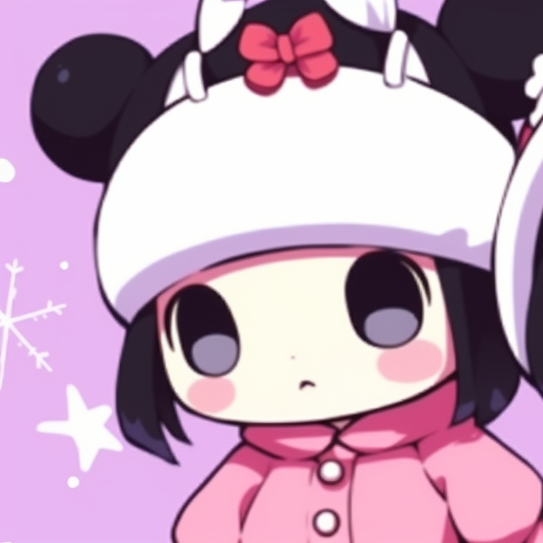 Characters sharing a Christmas gift, bright colors and expressive facial expressions. matching kuromi christmas pfp themes pfp for discord.